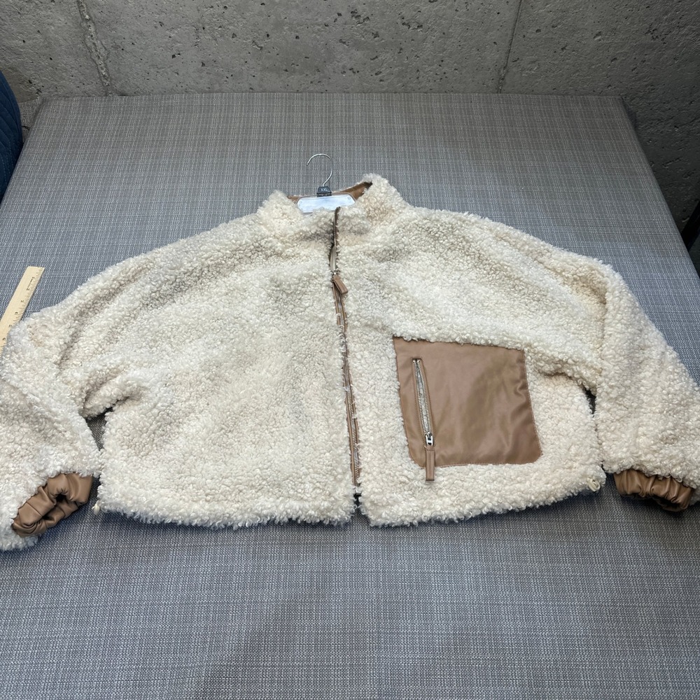Cropped Sherpa Jacket Womens XL Cream Brown Vegan Faux Leather Trim BLANKNYC